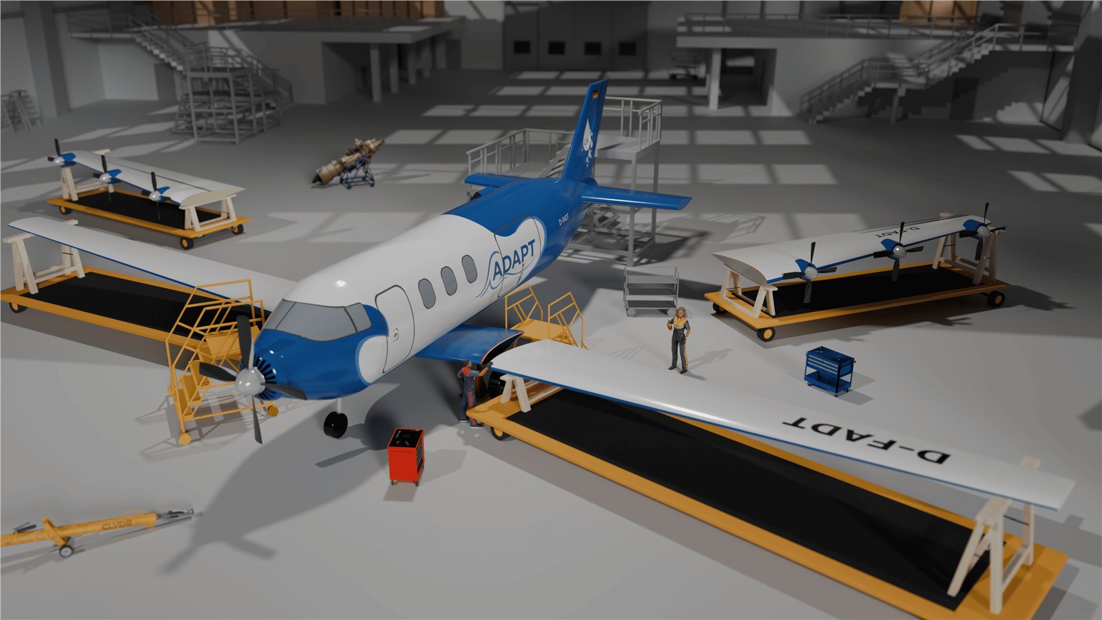 ADAPT aircraft in a hangar with detachable wing sections on transport stands