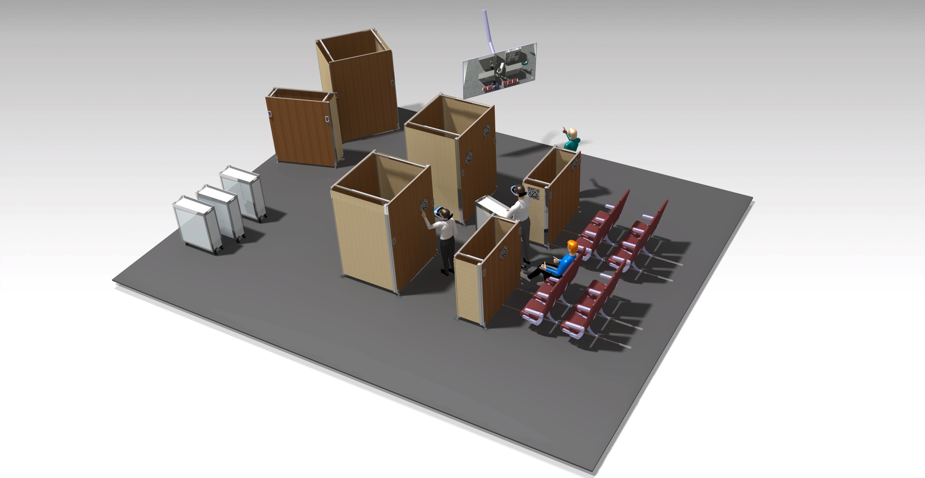 Complete flexible cabin mock-up with adjustable monuments, seats and people