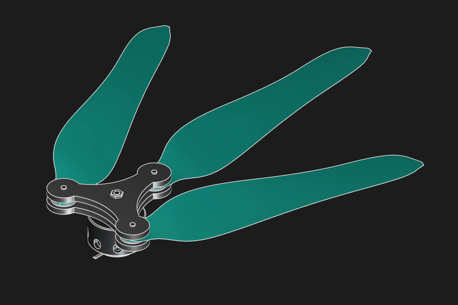 Foldable three-blade drone rotor in its compact configuration
